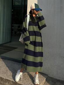 Dazy Star 女式双色条纹连帽毛衣裙，秋装 - 綠色 - 查看 3