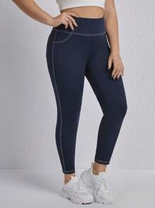 SHEIN EZwear Plus Top-stitching Wideband Waist Leggings - Blue - View 1