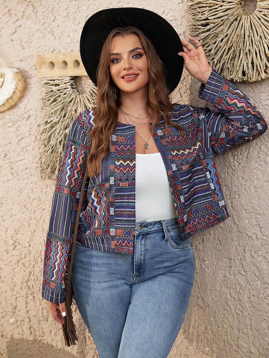 SHEIN VCAY Kích thước lớn Họa tiết Hình học In Áo khoác - Nhiều màu - Xem 1