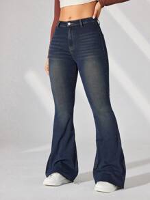 SHEIN EZwear Của phụ nữ Mèo Whisker Quần jean loe - Rửa tối - Xem 3