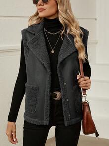 SHEIN LUNE Dual Pocket Teddy Lined Vest Jacket - Grey - View 4