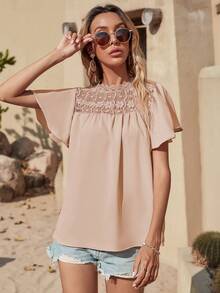 SHEIN LUNE Lace Mock Neck Butterfly Sleeve Blouse - Apricot - View 5
