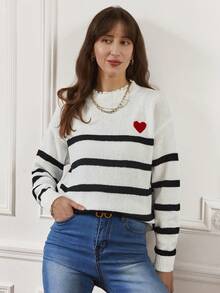SHEIN Frenchy Women's Stripe Drop Shoulder Sweater - Black and White - View 4