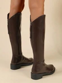 女款及膝靴 皮革外觀馬靴 後拉鍊馬丁靴 - 咖啡棕 - 查看 2