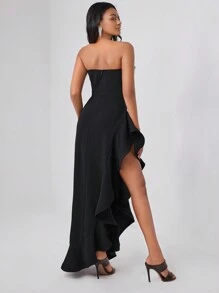 TIYA Designer Fuzzy Trim Split Thigh Tube Elegant Dress, For Holiday - Black - View 2