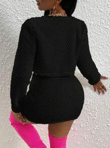 Slaydiva Women's Plush Open Jacket And Mini Skirt Two Piece Set - Black - View 2