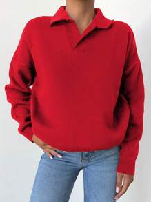 RueChic Women's Solid Color Drop Shoulder Sweater - Red - View 4