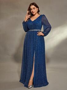 Plus Size Women V-Neck Lantern Sleeve Ruched Bust, Metallic Waist Band Sequins Split A-Line Maxi Dress - Blue - View 1