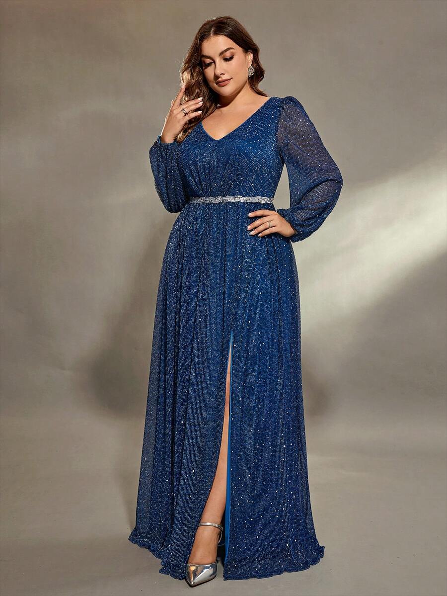 Plus Size Women V-Neck Lantern Sleeve Ruched Bust, Metallic Waist Band Sequins Split A-Line Maxi Dress - Blue - View 1