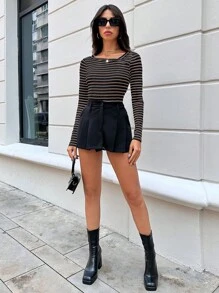 Women's Asymmetrical Neck Long Sleeve Striped T-Shirt - Yellow - View 4