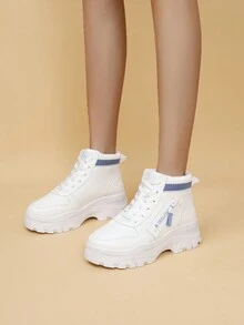 秋冬厚底增高靴時尚休閒白色女運動鞋百搭短靴及踝靴 - 白色 - 查看 5