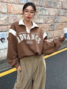 Dazy Star Letter Graphic Contrast Collar Drop Shoulder Sweatshirt