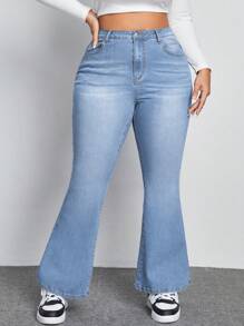 SHEIN EZwear Pantalones De Mezclilla Acampanados De Talla Grande Y Lavado Claro Para Mujer - Lavado ligero - Ver 4