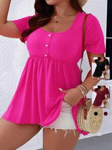 EMERY ROSE Plus Half Button Peplum Tee - Hot Pink - View 3
