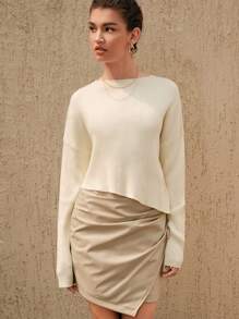 Anewsta Suéter de mujer de punto acanalado con hombros caídos para otoño e invierno - Beis - Ver 5