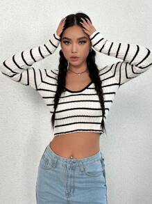 SHEIN Unity 条纹图案短款针织套头衫，适合秋冬季穿着 - 黑與白 - 查看 10