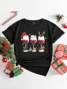 INAWLY Áo thun tay ngắn cổ tròn in hình Giáng sinh cho nữ - màu đen - Xem 1