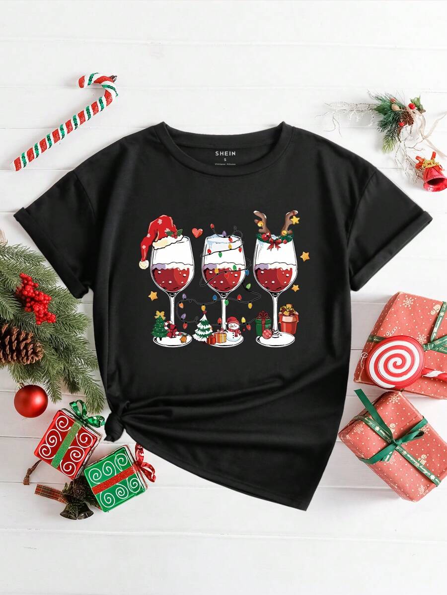 INAWLY Áo thun tay ngắn cổ tròn in hình Giáng sinh cho nữ - màu đen - Xem 1