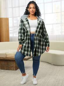 SHEIN CURVE+ Plus Plaid Print Drawstring Hooded Coat - Multicolor - View 5