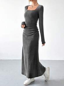 SHEIN EZwear 方領褶皺連身裙 - 灰色 - 查看 5