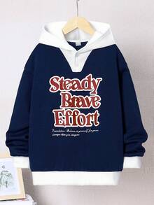 SHEIN 青少年男孩标语图案撞色滚边保暖内衬卫衣 - 藍色 - 查看 7