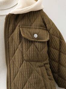 男童鑽石格紋拼接加厚連帽外套,帶口袋 - 軍綠色 - 查看 7