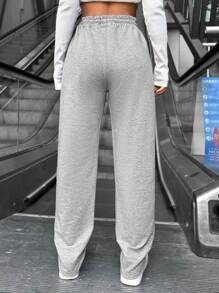 SHEIN Cottnline Letter Graphic Drawstring Waist Sweatpants - Light Grey - View 2