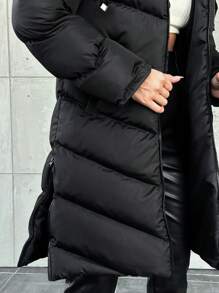 EURMUSE Solid Color Drawstring Hooded Zipper Decor Casual Padded Jacket - Black - View 4