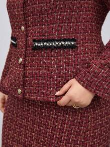 BizChic Hơn Hoa văn kẻ sọc Cổ vuông Tweed Áo khoác & Váy - Đỏ - Xem 11