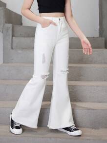 Cô gái Tween Quần jean loe Với Đau khổ Chi tiết - trắng - Xem 3