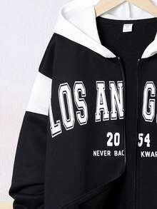 SHEIN 青少年男孩字母图案双色拉链卫衣 - 黑色 - 查看 6