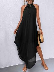 EARO 女士夏季纯色褶皱休闲吊带连衣裙