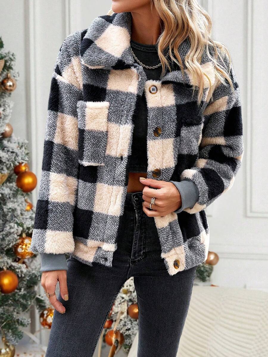 SHEIN LUNE 大方格圖案落肩袖絨毛外套 - 駝色 - 查看 1