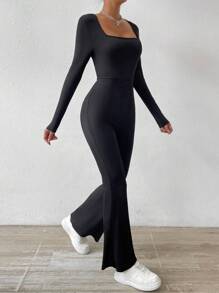 Chiquease 純色方領長袖全身緊身連身衣 - 黑色 - 查看 4