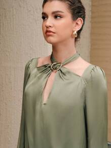 Solid Color Hollow Out Puff sleeve Shirt - Army Green - View 3