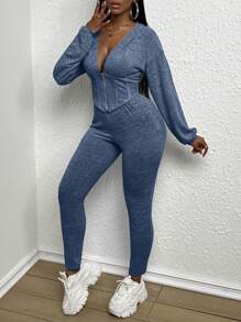 SHEIN Slayr Ladies' Solid Color Hooded Jacket And Pants 2 Pieces Set - Royal Blue - View 3