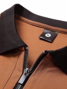 男士秋冬新條紋立領polo衫,長袖t恤,拉鍊領口,休閒復古polo衫,簡約風格,原創設計,商務時尚,個性羽翼印花上衣,適用於運動、休閒和度假場合,寬鬆版型,抗皺透氣 - 亮橙色 - 查看 6