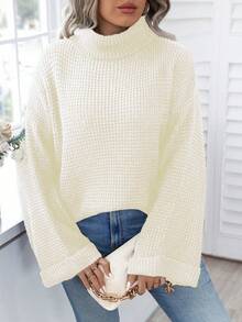 Calvaya Talla Grande Suéter Con Cuello De Tortuga Y Hombro Caído - Beis - Ver 4