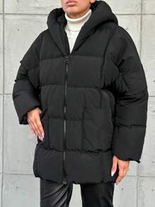 SHEIN Cottnline Solid Color Casual Hooded Padded Jacket - Black - View 5