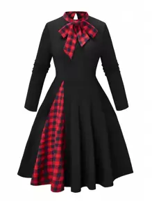 SHEIN Clasi 女士大尺碼蝴蝶結細節長袖連衣裙 - 彩色 - 查看 1