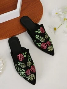 Fashionable 3d Embroidery Thread Luminous Pointed Toe Ballet Flats For Women - Black - View 1