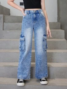 Quần jeans ống đứng, phong cách thường ngày, thời trang, cổ điển, kiểu cargo dành cho bé gái tuổi teen. - Rửa trung bình - Xem 6