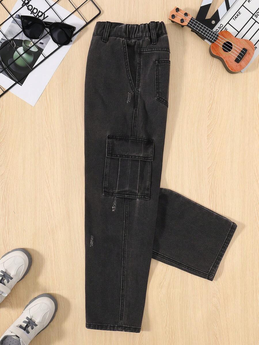 SHEIN Tween Boy Flap Pocket Side Cargo Jeans - Black - View 1