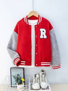 SHEIN Chaqueta Estilo Béisbol Para Niñas Entre 8 Y 12 Años, Con Bloques De Color Rojo Y Gris Y Mangas De Peluche - Rojo - Ver 1