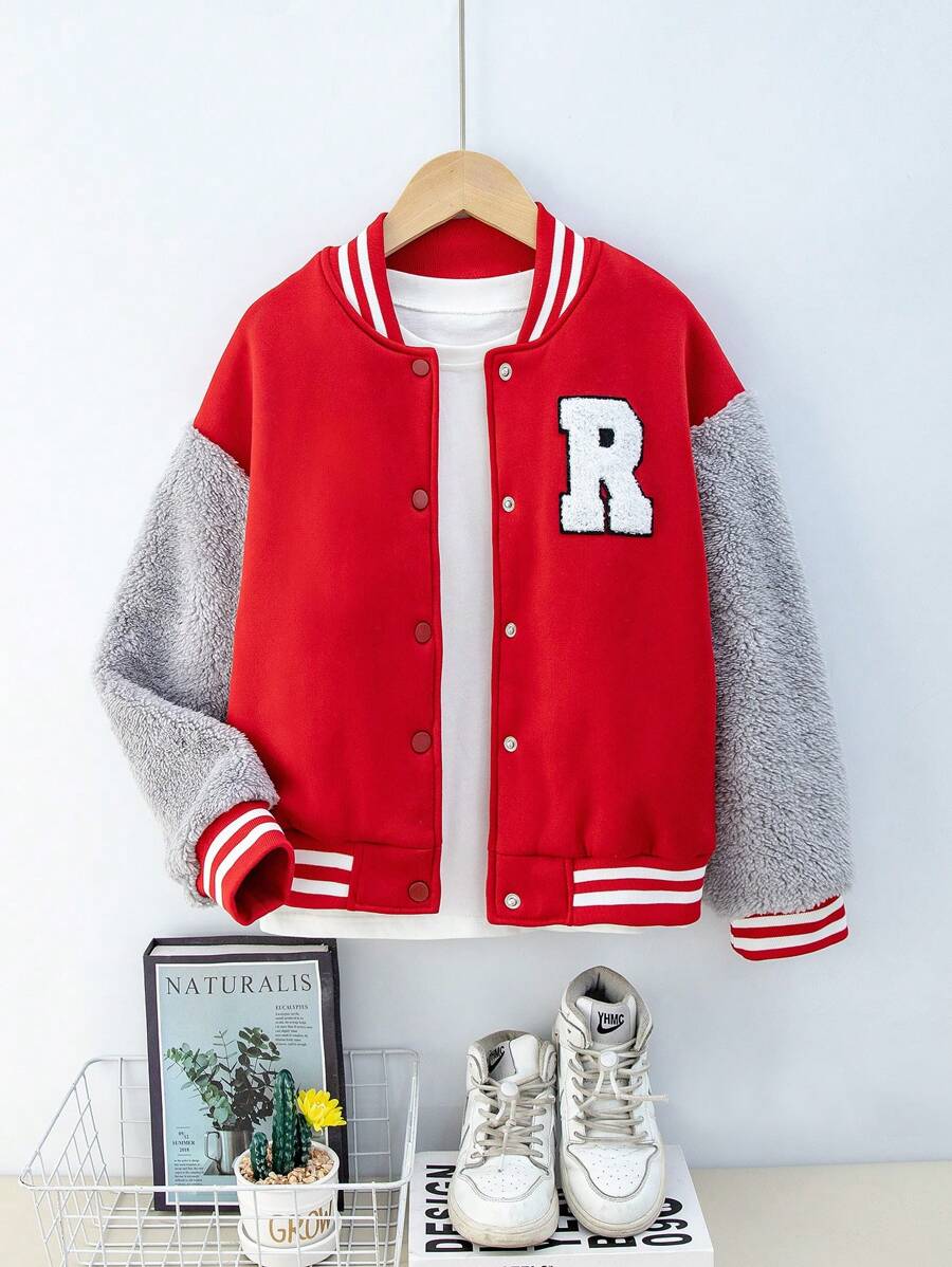 SHEIN Chaqueta Estilo Béisbol Para Niñas Entre 8 Y 12 Años, Con Bloques De Color Rojo Y Gris Y Mangas De Peluche - Rojo - Ver 1