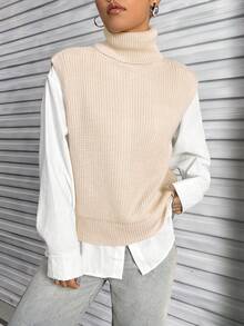 SHEIN Unity 高領素色毛衣背心 - 杏色 - 查看 4