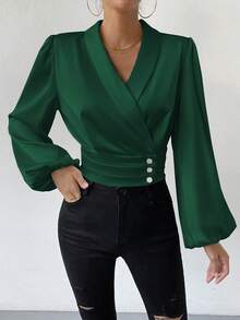 SHEIN Privé 女式燈籠袖襯衫 - 墨綠色 - 查看 5