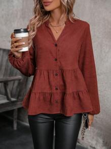 SHEIN LUNE Women's Lantern Sleeve Shirt With Notch Collar And Multi-layered Hem - Brown - View 3