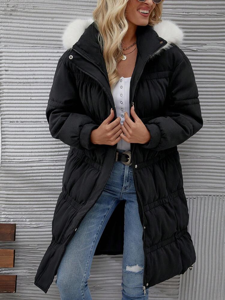 Fuzzy Trim Hooded Padded Padded Coat Clothes Winter Fall Cloth For Women