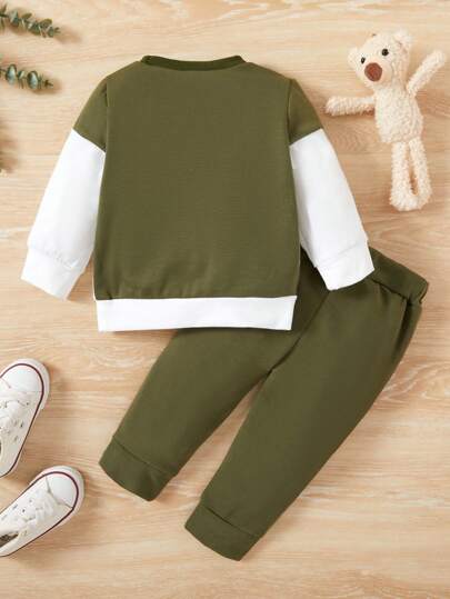 SHEIN Vintaside Kids 嬰兒男孩撞色套頭毛衣和長褲套裝